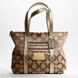Coach Poppy C op art glam bronze metallic leather brown jacquard canvas tote bag
